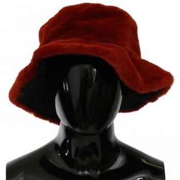 Red Bordeaux Fur Wide Brim Bucket Hat - Elegant Red Bucket Cap with Logo Detailing - 58 cm|M