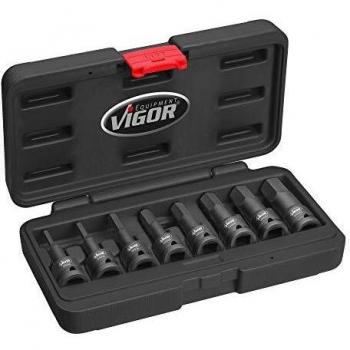 VIGOR V7019 Juego de llave vaso destornillador de impacto para perfil Allen, cuadrado hueco 1/2 pulgadas (12,5 mm), perfil de hexágono interior, tamaño de 5 a 19 mm