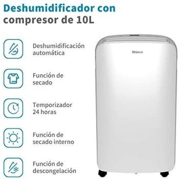 SHINCO Deshumidificador de Aire Portátil 10L/Día, Temporizador de 24 Horas, Pantalla Digital LED, Drenaje Continuo, Función de Lavandería, Para Máximo de 18㎡, Blanco