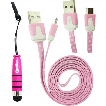 Emartbuy® Lunares Range Duo Paquete para Xoro PAD 10W6 Windows Convertible Tablet PC 10.6 Inch - Rosa Lápiz Óptico Metálico + Lunares Baby Rosa / Blanco Flat Anti-Tangle Micro USB Sync Transfer Data & Cargador Cable
