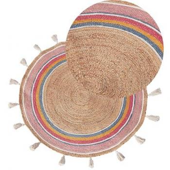 Alfombra Boho Infantil de Yute Ø 120 cm Redonda Tejida a Mano con Borlas Decorativas Multicolor Zanavi