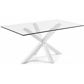 Kave Home - Mesa de Comedor Argo Rectangular 160 x 90 cm de Cristal y Patas de Acero en Blanco