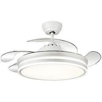 TODOLAMPARA - Ventilador de techo con luz LED 36W motor DC modelo BAYOMO Blanco, 3 tonalidades, aspas retráctiles, 6 velocidades, control remoto, memoria, temporizador, silencioso y bajo consumo