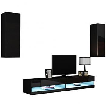 Conjunto de salón moderno Charlotte A141, blanco brillante y negro, con mesa de TV y armario bajo, aglomerado laminado y MDF, dimensiones 180 x 40 cm