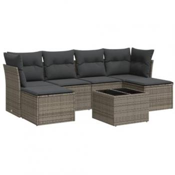 7-Piece Grey Poly Rattan Garden Sofa Set with Cushions