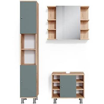 Conjunto de muebles de baño Fynn, Verde y Madera, 3 piezas con mueble alto