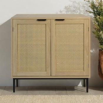 Cómoda de madera con 2 puertas de caña y 1 estante - Natural - 80x35x75,5 cm - FSC 100%