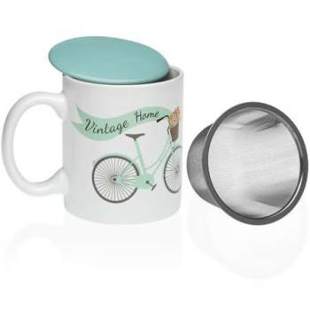 Taza con Filtro para Infusiones Versa Bicicleta Gres, cerámica, incluye tapa, diseño de bicicleta, ideal para preparar infusiones