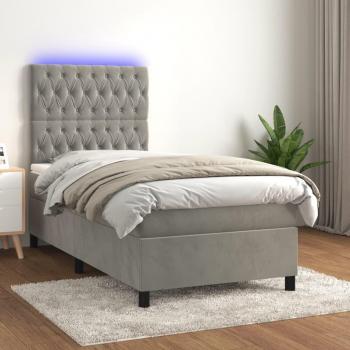 Colchón cama box spring de muelles y LED gris claro 90x200 cm terciopelo