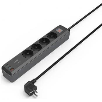 Regleta Eléctrica Hama, 4 Tomas, USB-C/A 65W, PD, Interruptor, 1,4 M, Negro/gris