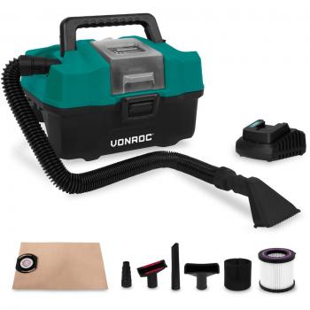 Aspirador portátil multiuso VONROC 20V con accesorios, batería de 4.0Ah y cargador rápido