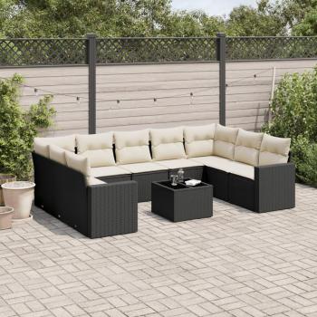 10-Piece Black Poly Rattan Garden Sofa Set with Cushions