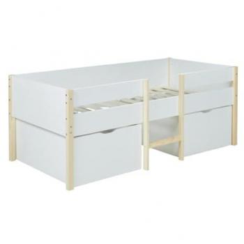 Cama Alta SISSY con 2 Cajones - 90 x 190 cm - Blanco y Roble