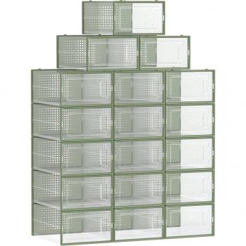 Pack de 18 cajas de zapatos plegables y apilables, organizadores de almacenamiento para calzado hasta talla 46, disponibles en azul, beige, blanco, negro y verde; 18 Organizadores de Almacenamiento, Transparente +