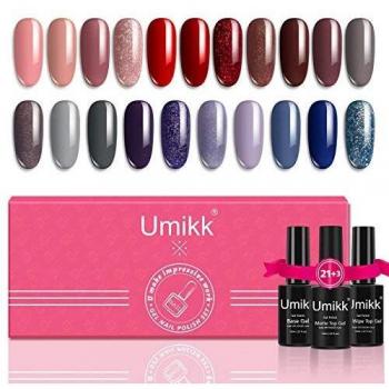 Umikk 24 piezas de esmalte de uñas de gel 21 colores 5 ml con base sin toallita capa superior mate 10 ml remojo de LED UV cura rojo gris púrpura brillo brillante para manicura de uñas