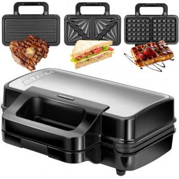 MPM MOP-43M Sandwichera Doble 3 en 1, Placas Intercambiables, Tostadora para Sandwiches, Gofrera para Gofres Belgas, Grill Plancha para Carne
