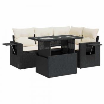 5-Piece Black Poly Rattan Garden Sofa Set with Cushions