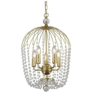 Lámpara colgante de ducha de vidrio y acero dulce pintado en oro, transparente, 5 bombillas, diámetro 36 cm, altura 56 cm, tipo de casquillo E14