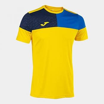 Camiseta de fútbol Joma manga corta Crew V amarillo royal marino, 100% poliéster, tecnología de secado rápido, diseño clásico con cuello en V, disponible en varias tallas