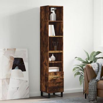 Aparador alto de madera contrachapada roble ahumado 34,5x34x180 cm con 2 cajones y 2 estantes, mueble de almacenaje para salón, buffet y armario auxiliar