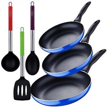 Set de 3 Sartenes Antiadherentes de Aluminio Prensado (16, 20 y 24 cm) con Utensilios de Cocina de Nylon - Inducción, Azul Navy Paradise