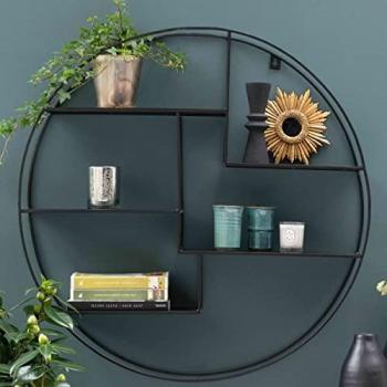 Estantería de pared redonda de metal negro con cable Decoclico