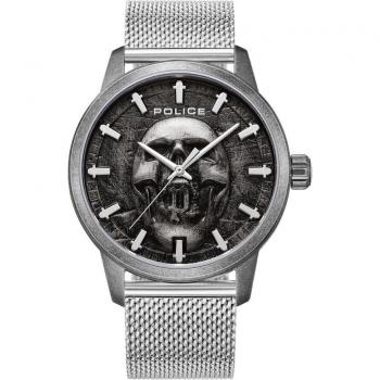 Reloj de hombre Police Raho PEWJG0005505 de acero con correa plateada, esfera gris con diseño de calavera, 3 agujas, malla de acero inoxidable, resistencia al agua hasta 5 ATM