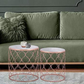 Set de 2 Mesas de Centro Redondas Ø40/Ø45 cm con Tapa de Mármol y Estructura de Metal Color Cobre