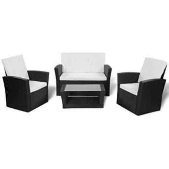 4-Piece Black Poly Rattan Garden Lounge Set with Cushions