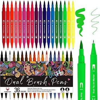Rotuladores Lettering 36 Colores Rotuladores Doble Punta Pincel y Punta Fina Acuarelables Brush Pen Marcadores para Niños Lettering Arte Dibujo Caligrafía Libros para Colorear