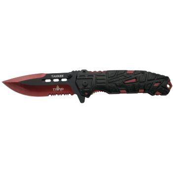 THIRD Navaja asistida Yankee K2796RDS, Mango de Aluminio Negro con Agujeros, Hoja de Acero INOX de 10.5 cm Negra con Corte y Liners anodizado en Rojo y Sierra. Incluye Funda y Clip