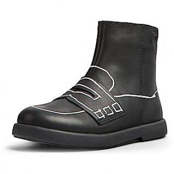 Botines de niña Camper K900330-001 TWS en piel negra con cierre de cremallera y dibujos decorativos, talla 27