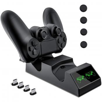 Cargador Controlador Mando PS4, KNONEW PS4 Estación de carga USB Base de Carga para Sony Playstation 4 / PS4 / PS4 Pro / PS4 mando delgado con 4 dongles de carga micro USB y 4 Grips para pulgar