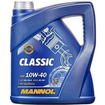 Aceite de motor Mannol 10w40 Classic 4L, con especificaciones para motores a gasolina y diésel, fórmula sintética, alta protección contra el desgaste, adecuado para vehículos antiguos y modernos, cumple con las normas API SN