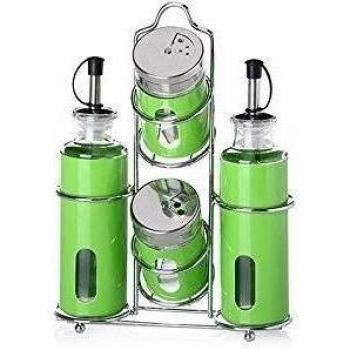 Aceitera/vinagrera set cuatro piezas verde con soporte cromado