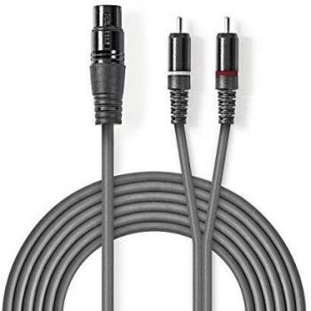 Nedis Cable de Audio XLR a 2 RCA, 3 metros, Gris