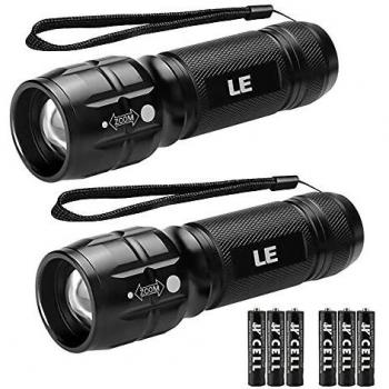 LE LED Torch, Powerful Handheld Flashlight, Super Bright, Pocket Size, Suit for Camping, Cycling, Running, Dog Walking and More Outdoor Use, 6 AAA Batteries Included, Pack of 2