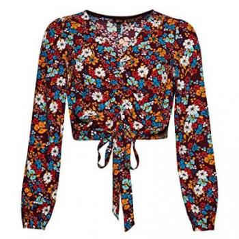 Camiseta Vintage Casual con Nudo Delantero Marrón Floral para Mujer Superdry