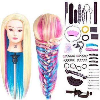 Cabeza de Maniquí, SIGHTLING 66cm 100% Cabello Sintético Practicas Formación Muñeca de la Cosmetología práctica maniquí muñeca para Peluquería con Soporte + DIY herramientas de trenza