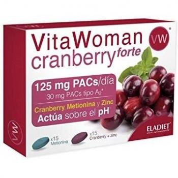 Complemento Alimenticio con Arándano Rojo, Metionina y Zinc - Vita Woman Cranberry Forte - 15 Comprimidos Azules y 15 Comprimidos Rojos - Favorece el Buen Estado de las Vías Urinarias - Eladiet