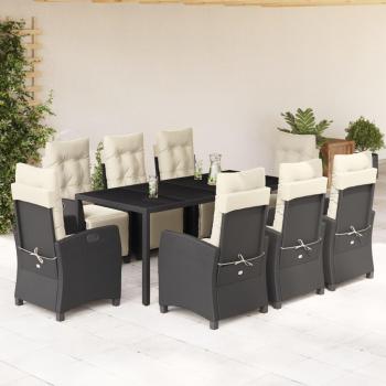 9-Piece Black Poly Rattan Garden Dining Set with Cushions