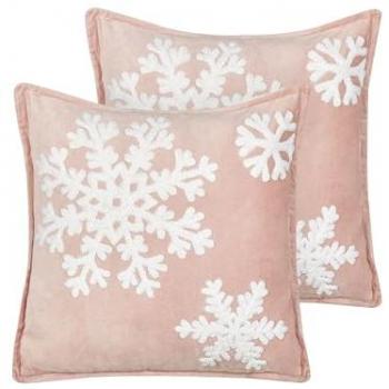 Conjunto de 2 cojines decorativos de terciopelo rosa y blanco con estampado navideño de copo de nieve, 45 x 45 cm, Murraya