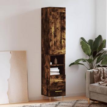 Aparador de madera contrachapada roble ahumado 34,5x34x180 cm con 2 cajones y 2 estantes, mueble de almacenaje para salón, buffet y armario auxiliar