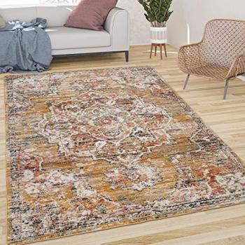 Alfombra Salón Pelo Corto Vintage Pastel Oriental con Ribete Amarillo Beige 120x170 cm