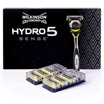 Wilkinson Sword Hydro 5 Sense - Maquinilla De Afeitar De 5 Hojas + 7 Recambios De Cuchillas De Afeitar Con Bandas Energizantes De Menta, color Amarillo, 7 Unidad, 150 g