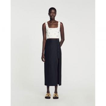 Sandro Leyla Black Midi Skirt with Slit - Size 2 US/34 FR