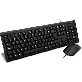 V7 Kit de Teclado Estándar Alámbrico USB QWERTY en Negro con Ratón Incluido y Adaptador PS2, Idioma Inglés