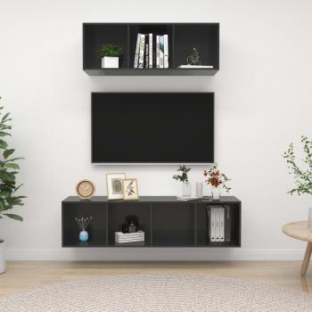 Juego de muebles para salón 2 piezas madera ingeniería gris brillante, incluye mueble TV y mesa de TV