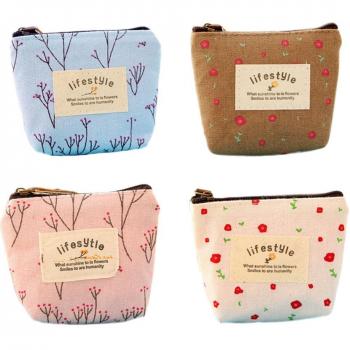 Leisial™ 4pcs Mujer Mini Cartera Monedero con Cremallera Lienzo Impresión del Patrón Bolso de Llave Tarjetas Crédito Bolso del Moneda