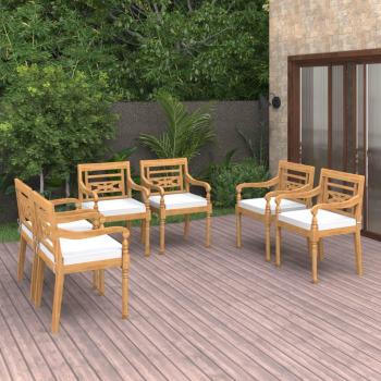 Sillas Batavia de teca de madera maciza con almohadas, 6 piezas